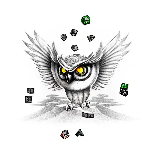 A new-school tattoo of an owl perched on a stack of dungeon and dragon dice tattoo design idea