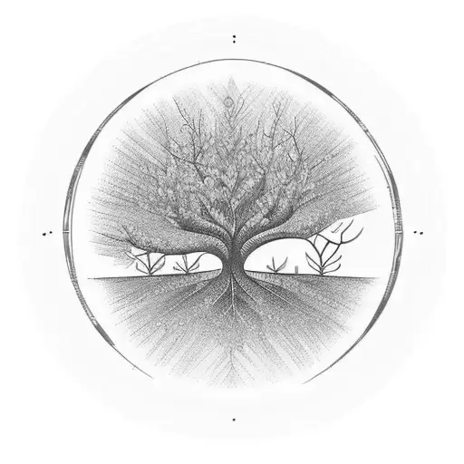 Magnolia tree with its roots showing and a magic hour behind the tree. tattoo design idea