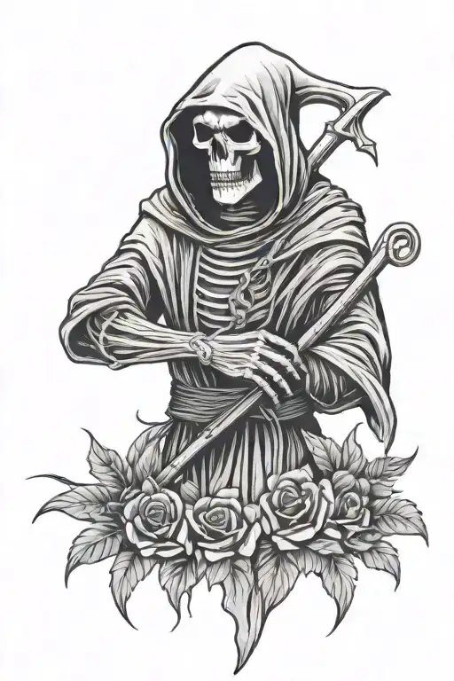Grim reaper holding flower bouquet tattoo design idea