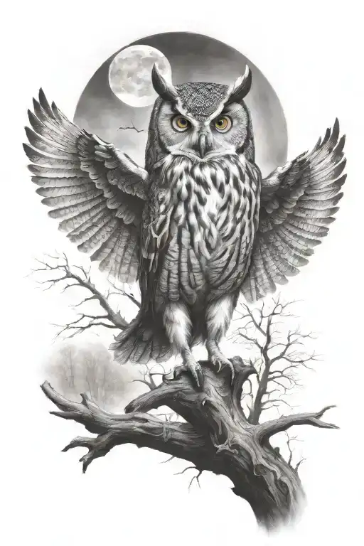twisted dead forest with owl spreading its wings "the owl of Minerva spreads its wings only with the falling of dusk"  tattoo design idea