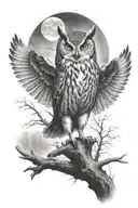 twisted dead forest with owl spreading its wings "the owl of Minerva spreads its wings only with the falling of dusk"  tattoo design idea