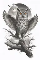 twisted dead forest with owl spreading its wings "the owl of Minerva spreads its wings only with the falling of dusk"  tattoo design idea