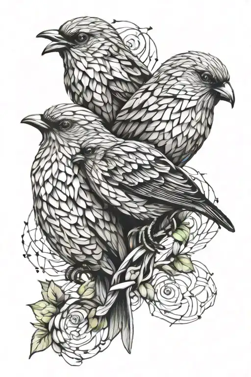 A whimsical design featuring all three birds intertwined in a geometric pattern tattoo design idea