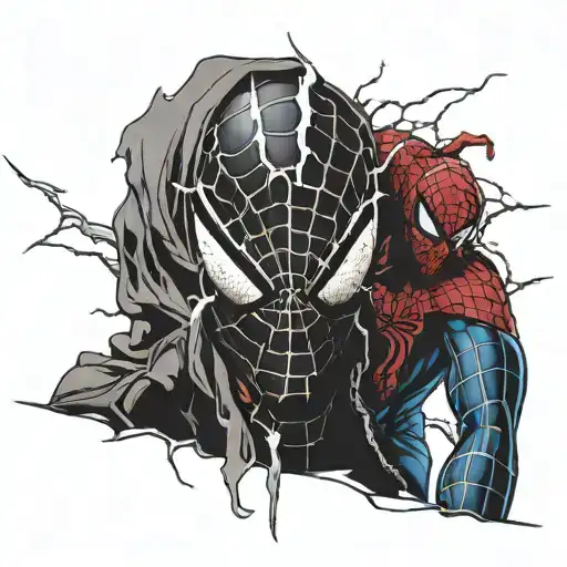 HALF VENOM FACE AND HALF SPIDERMAN WITH LIGHTING STRIKE AND WEBS IN A STORM tattoo design idea