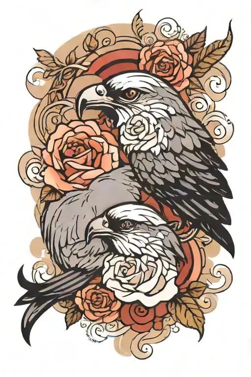 Two swallows face to face Roaring lion head Closed rose  Cloud background tattoo design idea