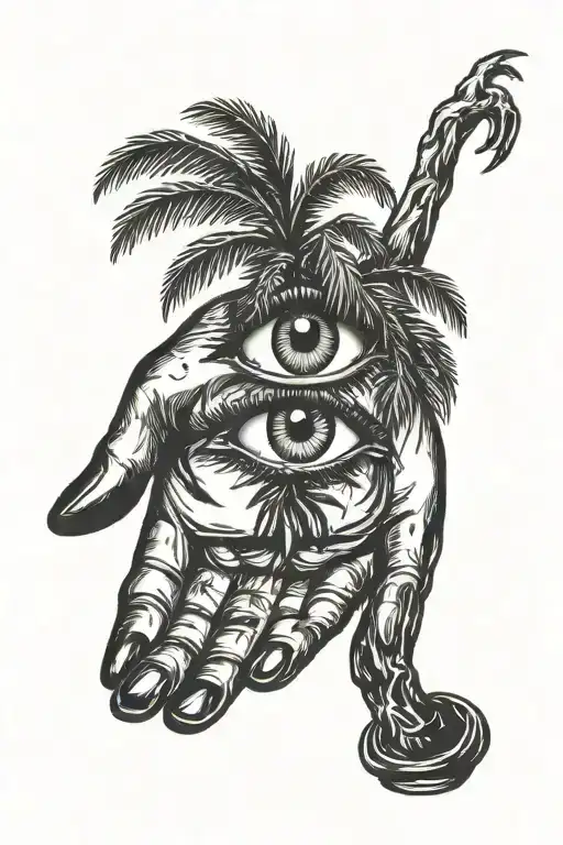 bleeding eye in a hand palm tree tattoo design idea