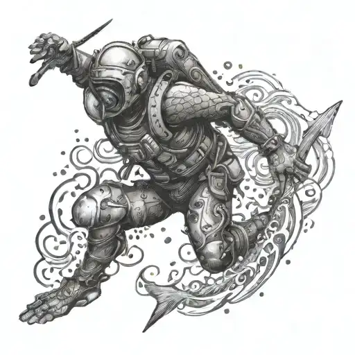 A traveler diving into the unknown depths of the ocean, encountering ancient warrior relics.  traveler. tattoo design idea