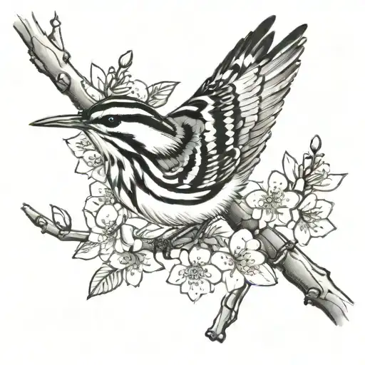 black and white warbler upside down on snall tree branch with cherry blossoms  tattoo design idea