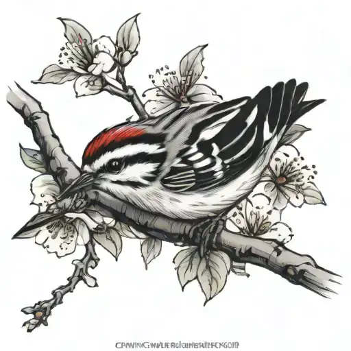 black and white warbler upside down on small tree branch with cherry blossoms  tattoo design idea