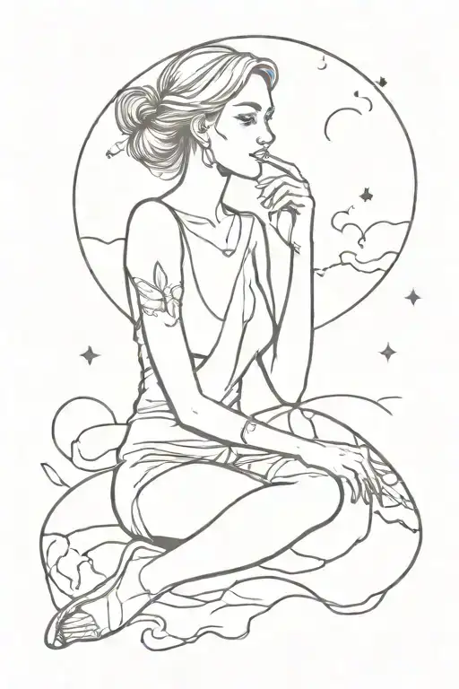 a girl sitting on a planet earth that is half dark half light and smoking a joint  tattoo design idea