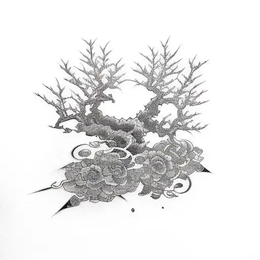  arbol sakura con dagas colgando de las ramas tattoo design idea