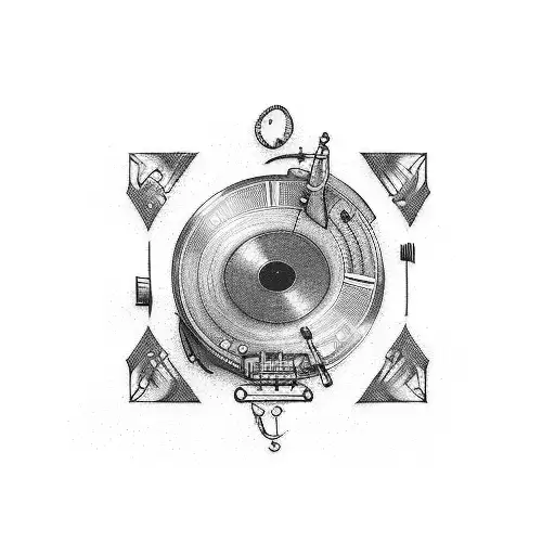 A tattoo design of a turntable and sculpting tools intertwined, representing the client's occupations as a music producer, DJ, and sculptor tattoo design idea