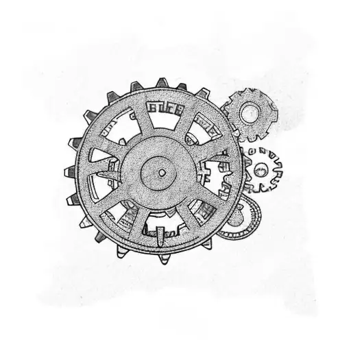 5 gears intregrated into trash polka tattoo tattoo design idea
