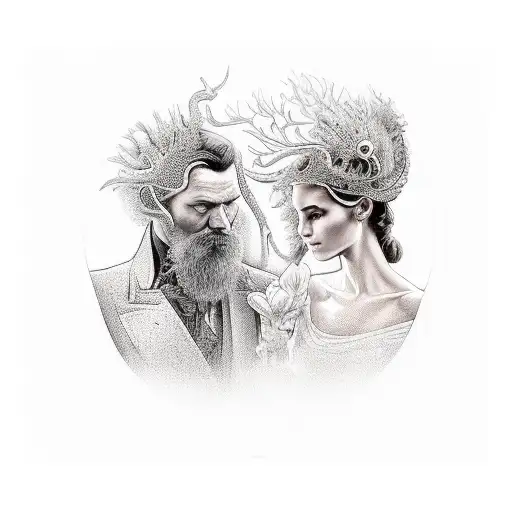 faucheuse et sa houe avec des chaîne et un arbre plus loin avec une shilouette de dos d'un homme tattoo design idea