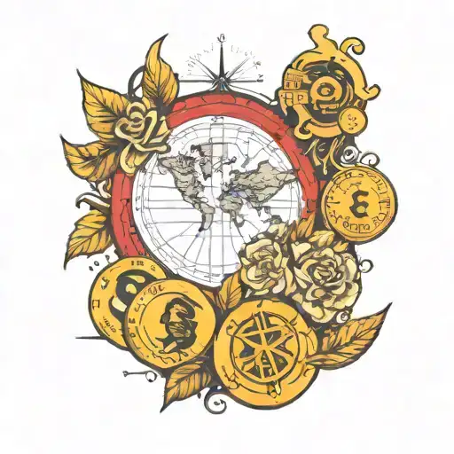 A dynamic and modern interpretation of currency symbols intertwined with stock market graphs and charts tattoo design idea