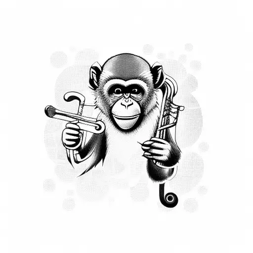 Combine a monkey playing a musical instrument with architectural details in a tattoo design tattoo design idea