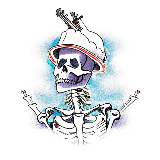 mariachi skeleton wrapped around the tip of mt. Everest holding a guitar in one hand and a compass in the other  tattoo design idea