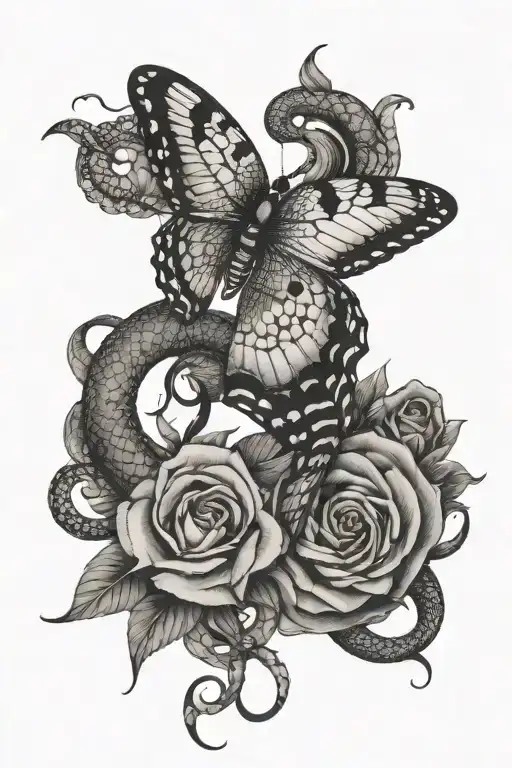 butterfly with snake and moon tattoo design idea