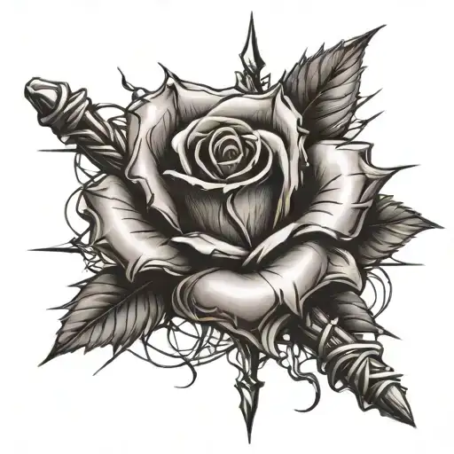 rose barbed wire stem with cross tattoo design idea