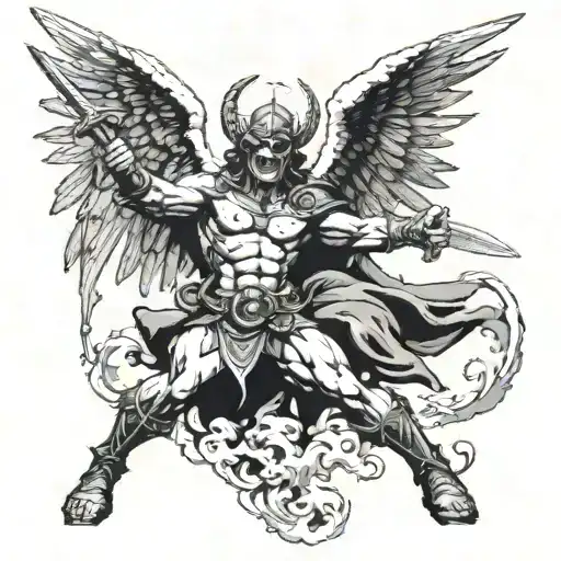 Frank Frazetta styled Warrior Angel fighting a demon tattoo design idea