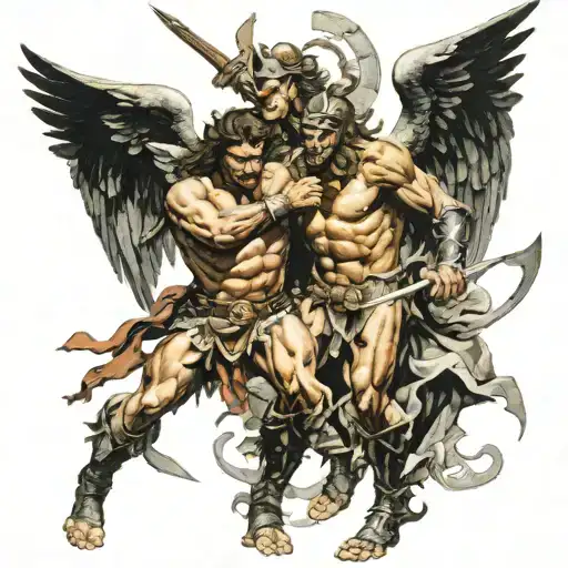 Frank Frazetta styled Warrior Angel fighting a demon tattoo design idea
