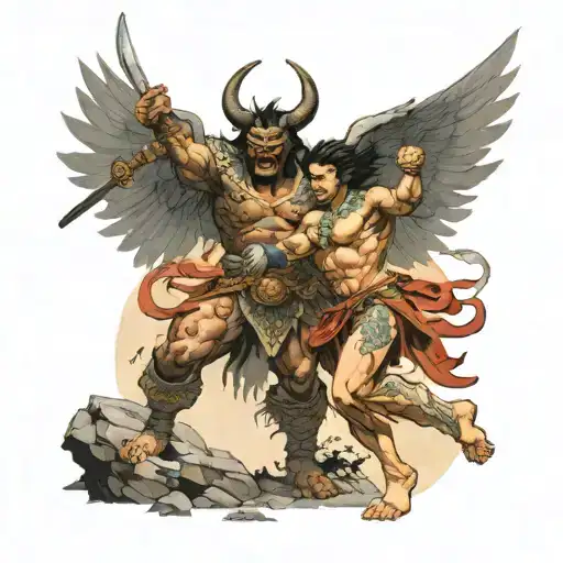 Frank Frazetta styled Warrior Angel fighting a demon tattoo design idea