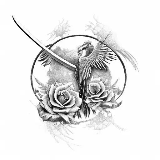 secretary bird, sword, two skeletons, roses tattoo design idea