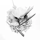 secretary bird, sword, two skeletons, roses tattoo design idea