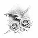 secretary bird, sword, two skeletons, roses tattoo design idea
