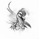secretary bird, sword, two skeletons, roses tattoo design idea