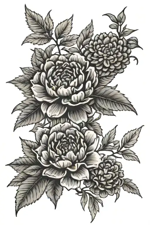 Marigolds, Rosemary, Elderberry, Almonds, Rosehip flower, Red clover, Japanese Camellia tattoo design idea