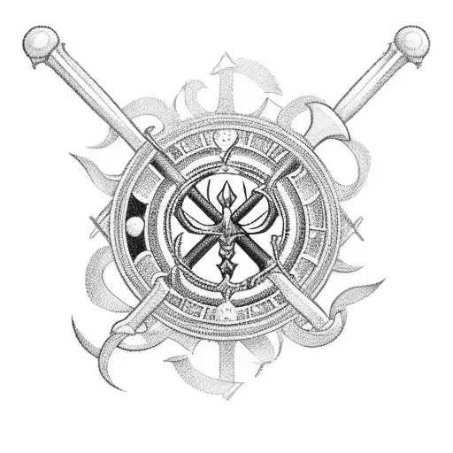 A blackwork tattoo of crossed swords with a football in the center tattoo design idea