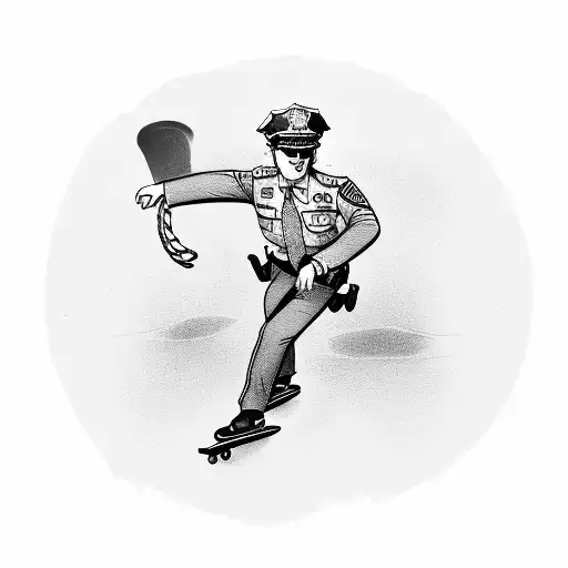 Skateboarding police officer in a vintage tattoo style tattoo design idea