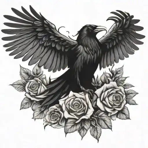raven with spread wings with roses dark fantasy tattoo design idea