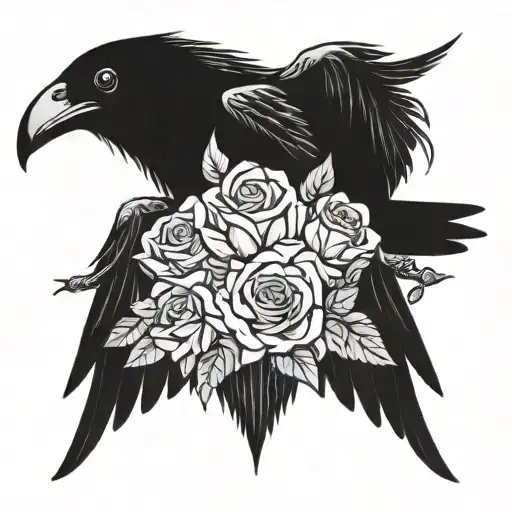 raven with spread wings with roses dark fantasy tattoo design idea