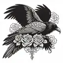 raven with spread wings with roses dark fantasy tattoo design idea