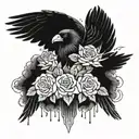 raven with spread wings with roses dark fantasy tattoo design idea