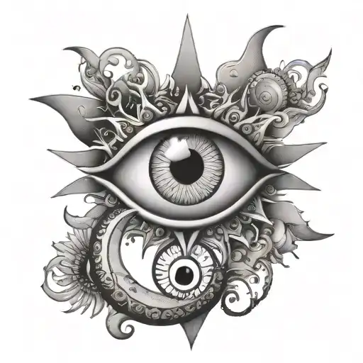 evil eye sun and moon merging together tattoo design idea
