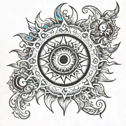sun and moon surrounding evil eye surrounded tattoo design idea