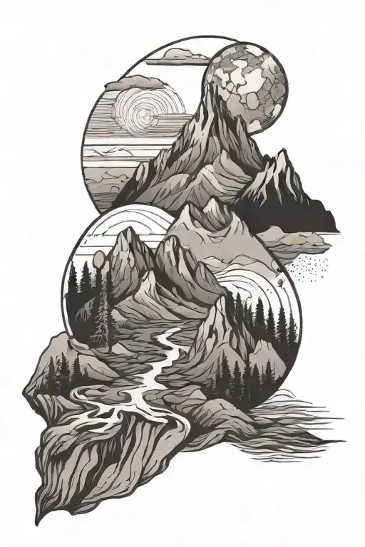 mountain and river with geo symteric shapes tattoo design idea