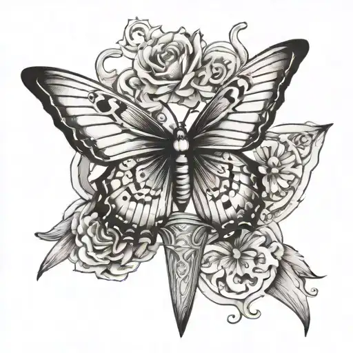 butterfly with dagger tattoo design idea