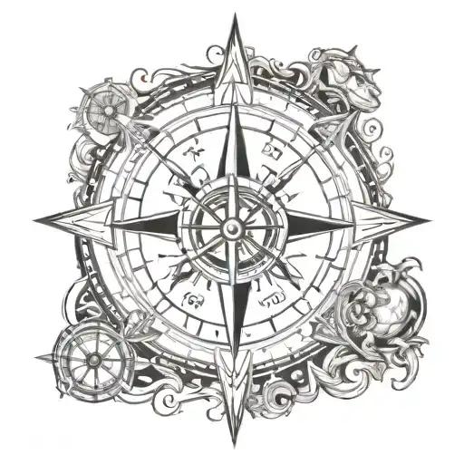 matching tattoo featuring a nautical compass with integrated Marvel, music, and fishing elements, encircled by "Hogshire tattoo design idea