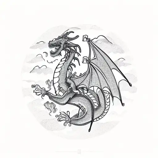 Dragon breathing fire on a city skyline tattoo design idea