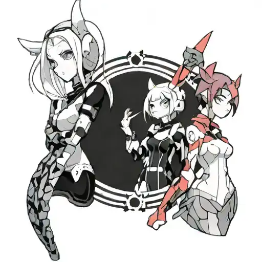 Jinx from league of Legends, Lucy from Cyberpunk Edgerunners, and Zero Two from Darling in the Franxx tattoo design idea