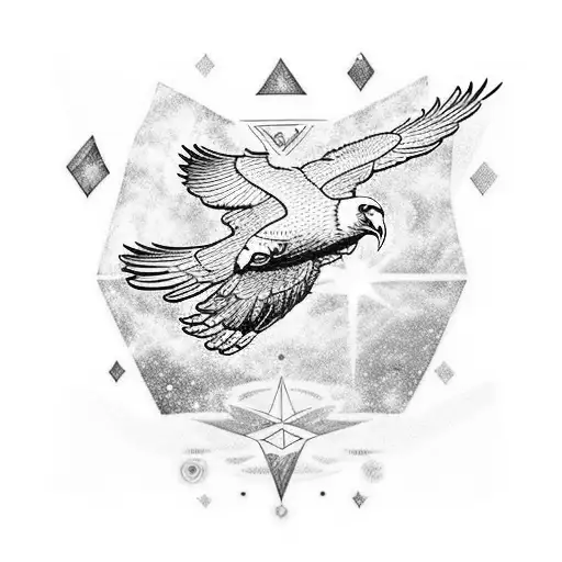 An eagle soaring through a galaxy filled with music notes and adventure symbols tattoo design idea