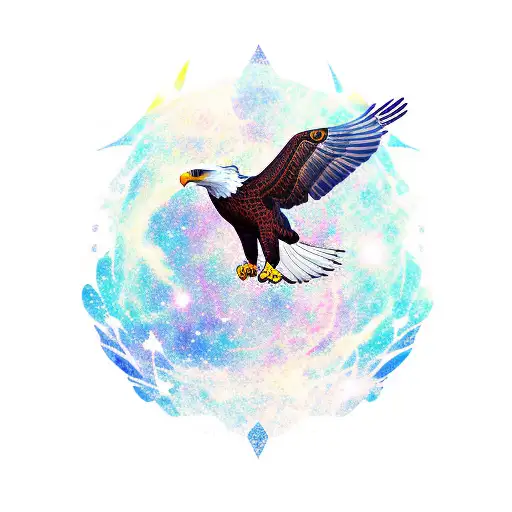 An eagle soaring through a galaxy filled with music notes and adventure symbols tattoo design idea