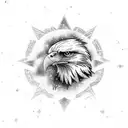 An eagle soaring through a galaxy filled with music notes and adventure symbols tattoo design idea