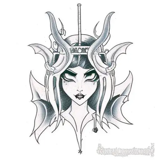Succubus's tattoo design from the name Manaporn, thin lines. Line art tattoo design idea