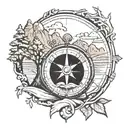 compass with tree and mountains tattoo design idea