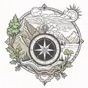 compass with tree and mountains tattoo design idea